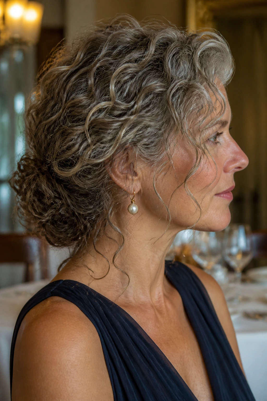Real woman with a low chignon and curly cascades around the neck