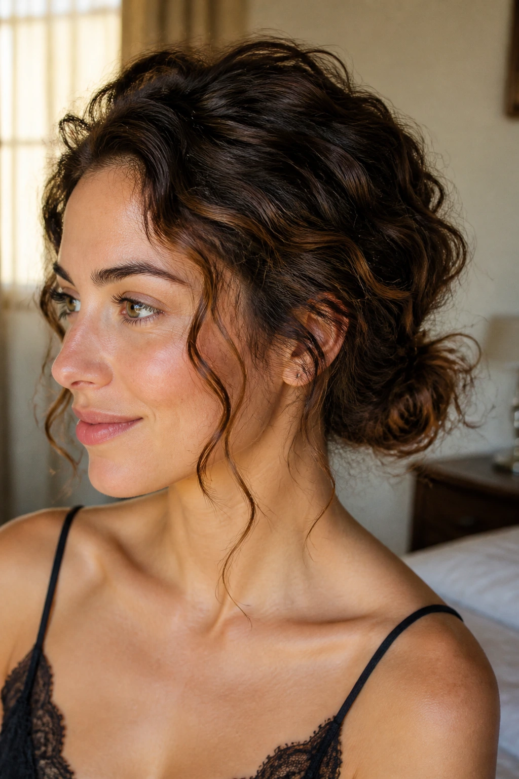 Close-up of a real woman with a loose low curly chignon and puffed crown at the nape
