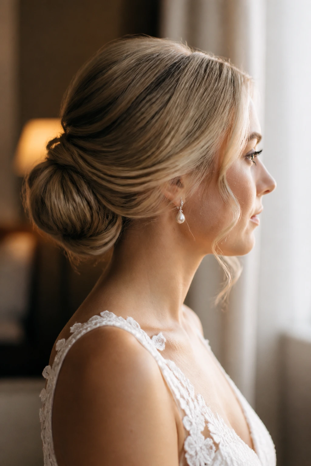 Side profile of real bride with a low chignon and hidden cushion