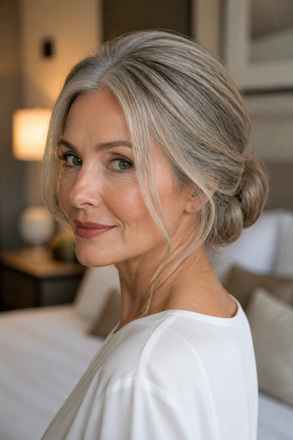Real woman wearing a low chignon with face-framing pieces at the nape.