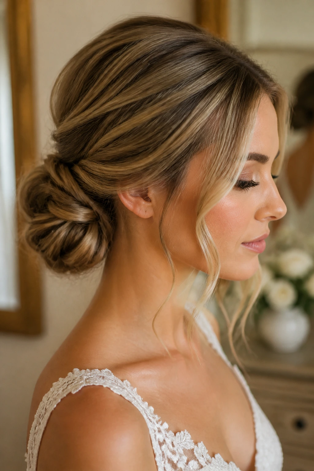 Bride with a low chignon and face-framing pieces close-up