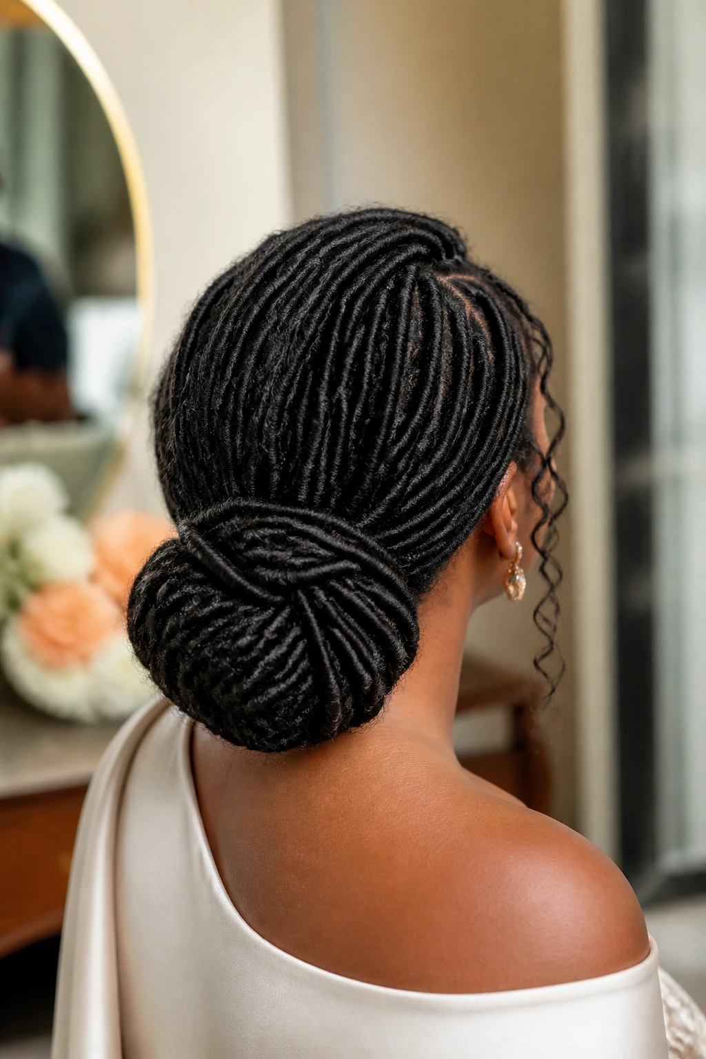 Rear three-quarter view of a real person with a low chignon faux locs at the nape
