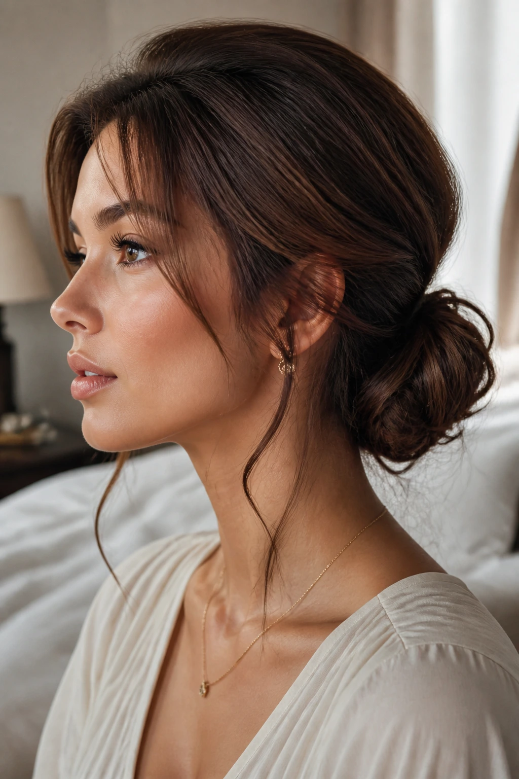 Close-up of real woman wearing a low chignon with floating pieces at the nape, warm window light