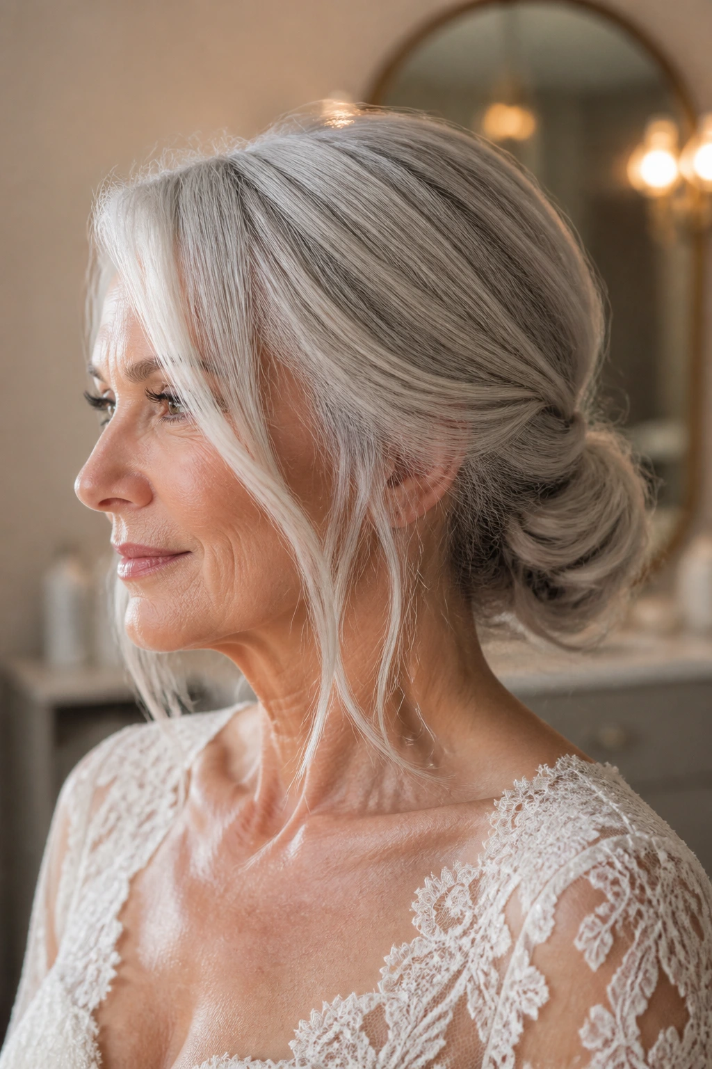 Close-up of a real woman wearing a low chignon with face-framing pieces in gray hair