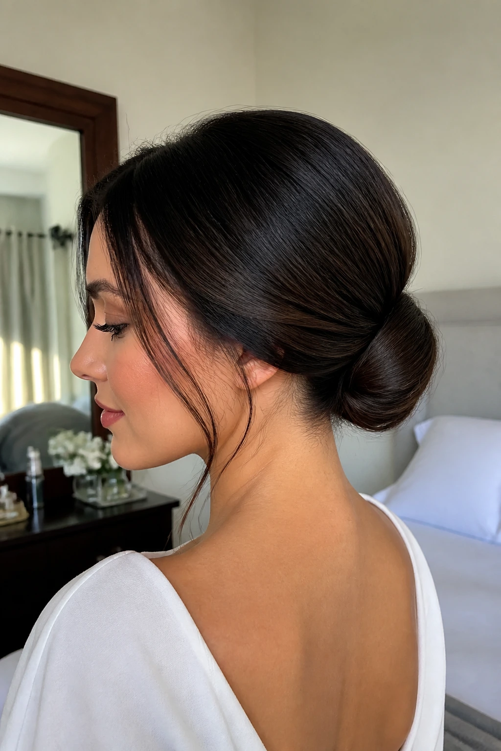 Close-up of a woman with a classic low chignon at the nape.