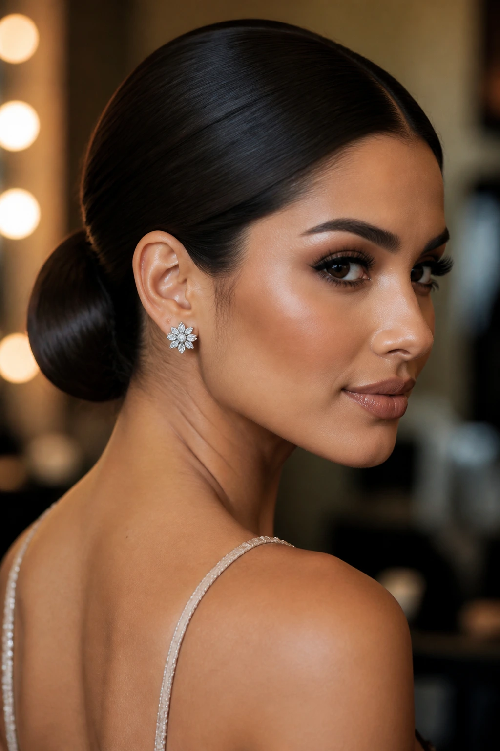 Close-up profile of a real woman with a glass-smooth low chignon at the nape