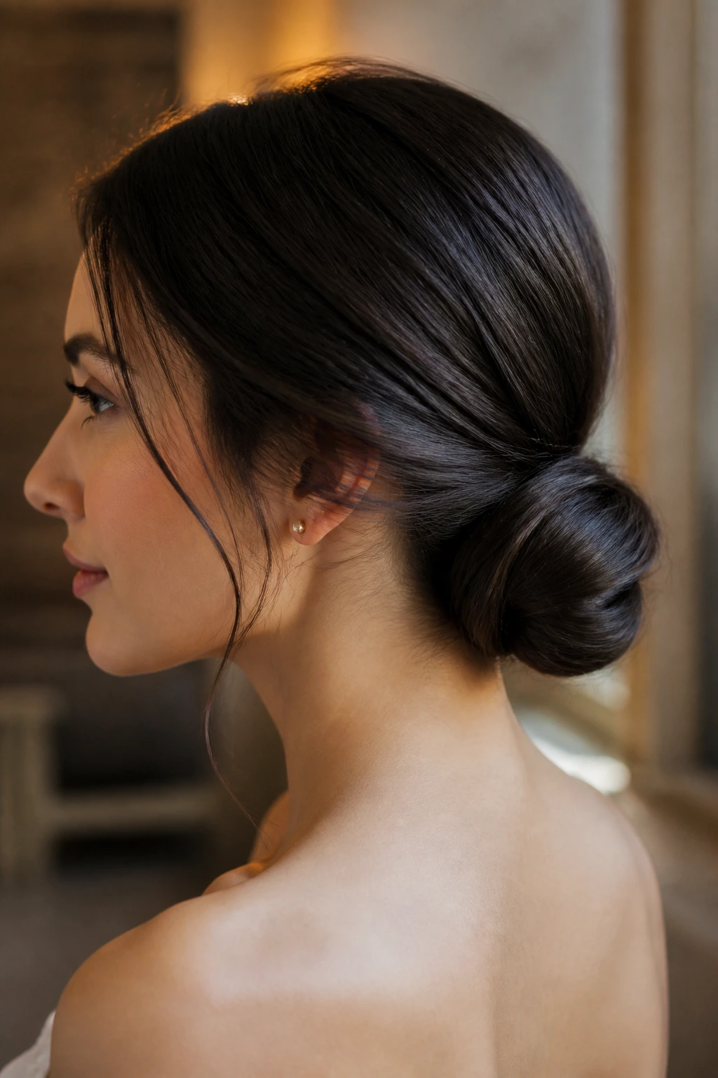 Close-up of a woman with a low chignon at the nape, neatly coiled and pinned