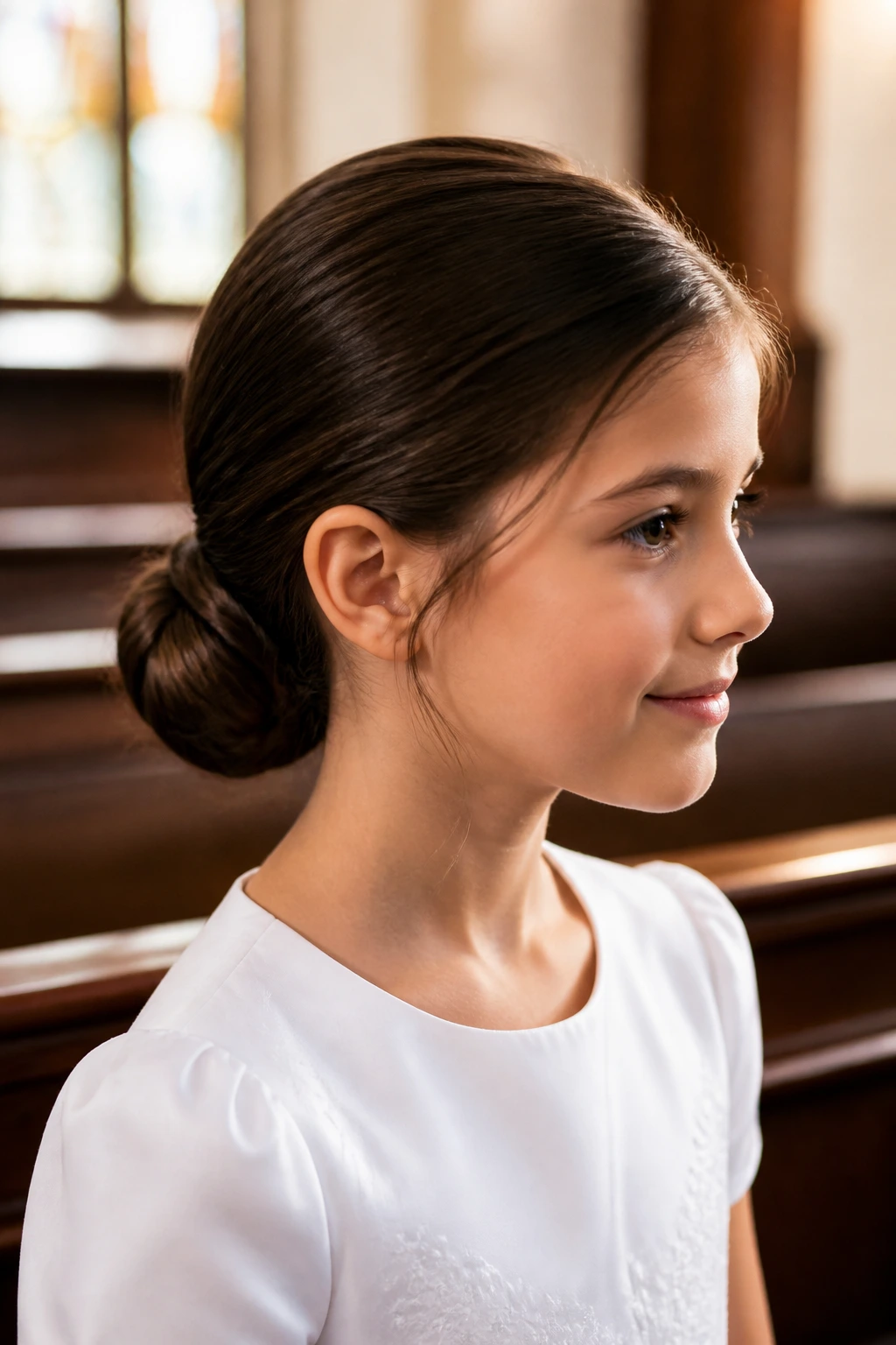Close-up of a child with a sleek low chignon at the nape in a church setting
