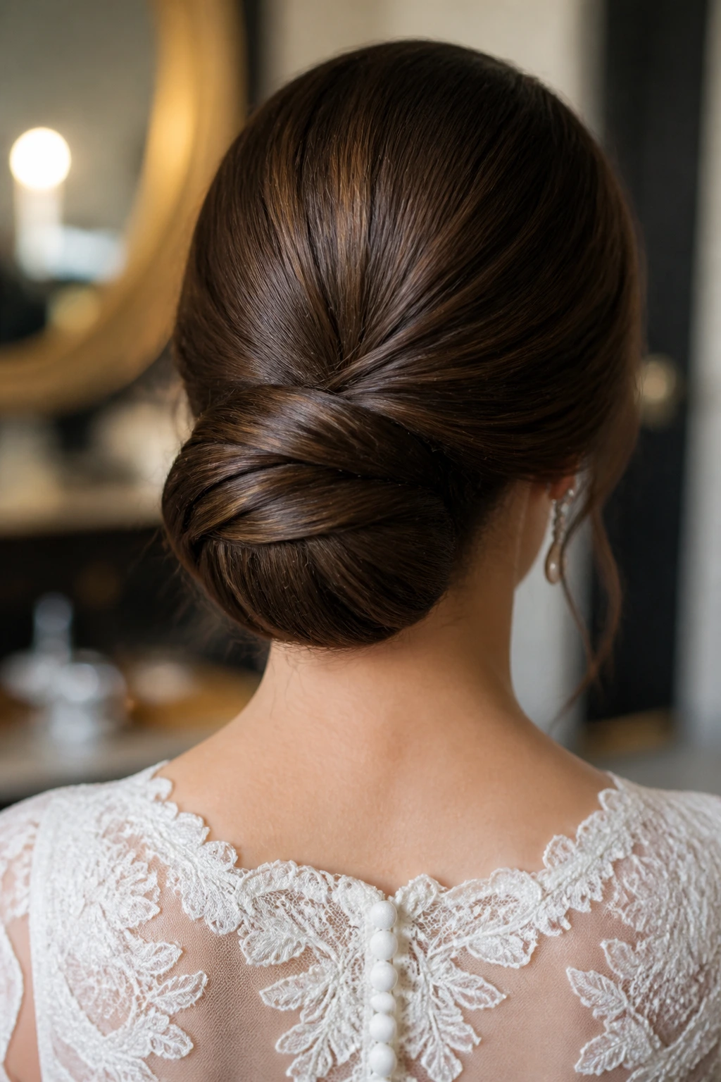 Back view of bride with low chignon and hidden wefts creating fullness