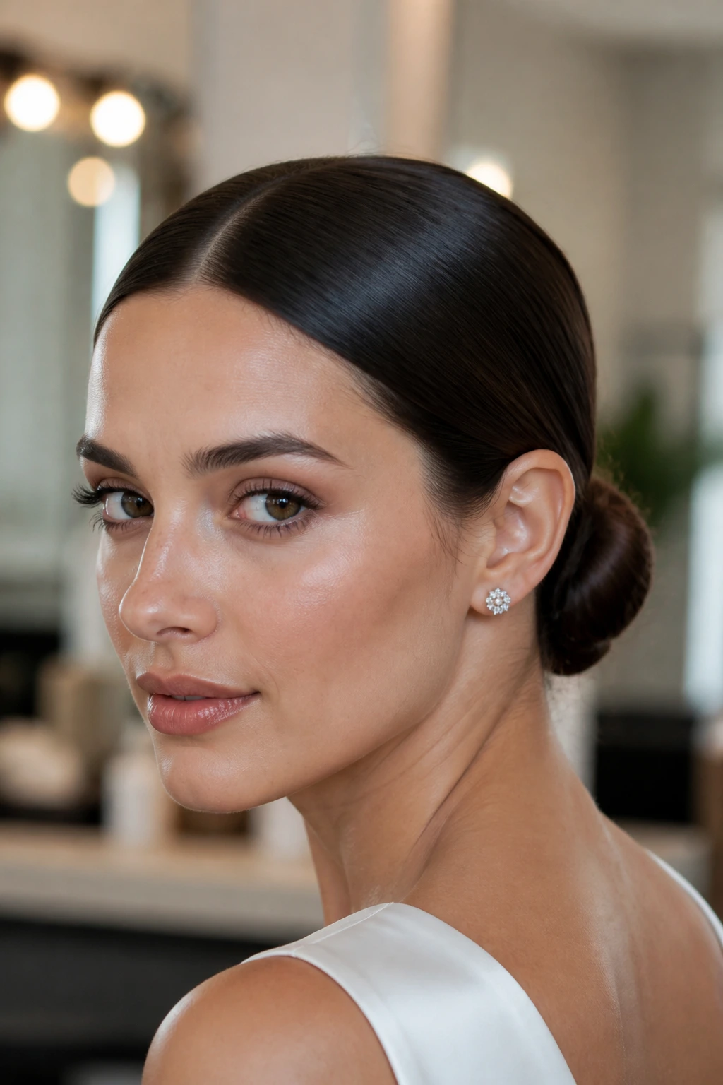 Close-up of a woman with a low chignon and clean middle part