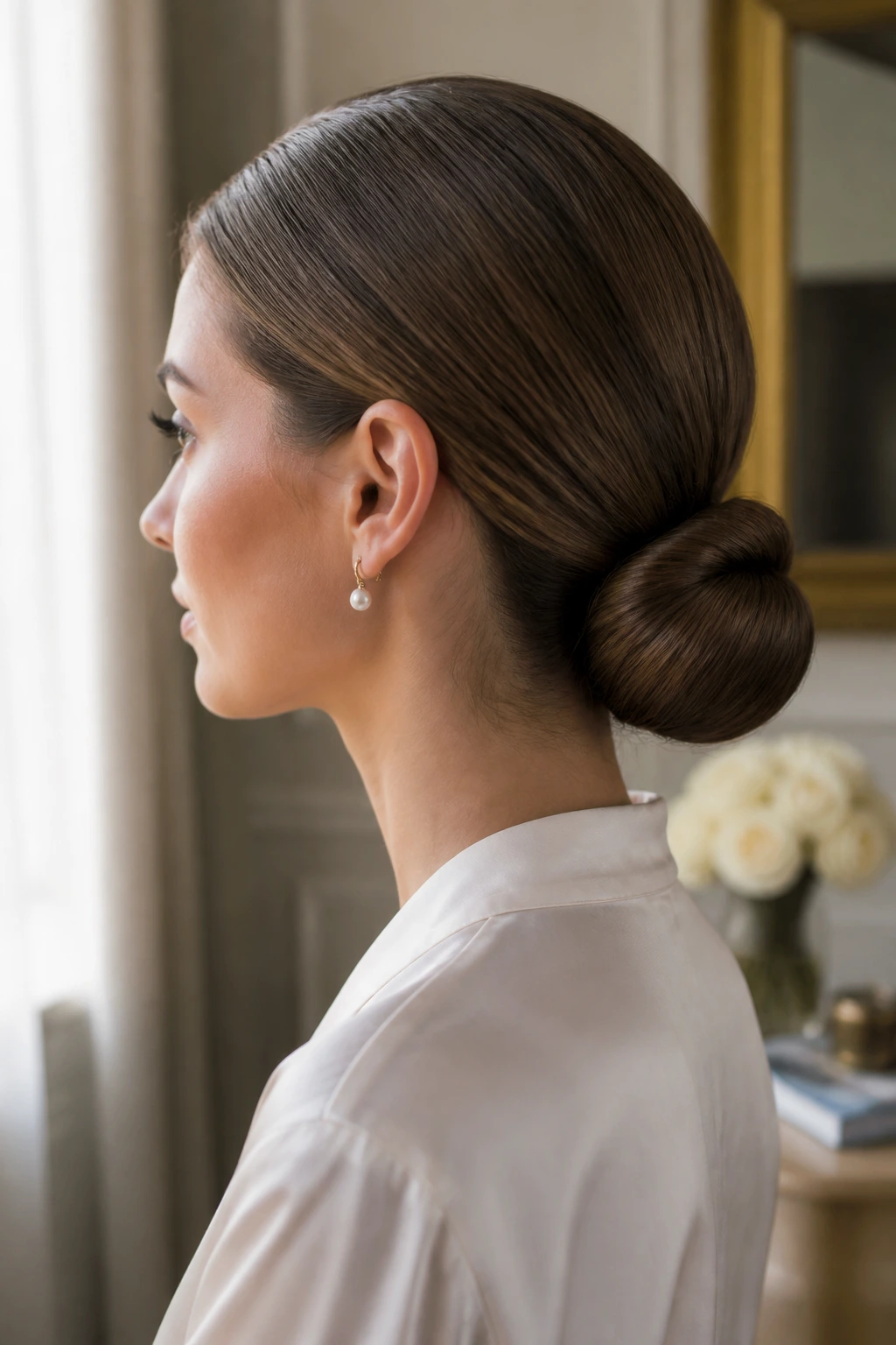 Profile of a real woman with a low chignon at the nape.
