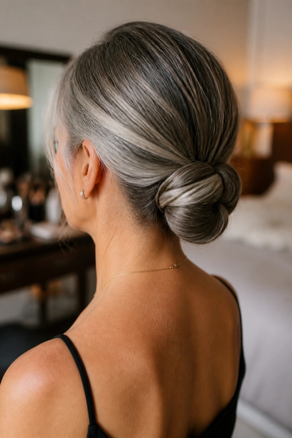 Rear close-up of a real woman with a sleek low chignon at the nape.