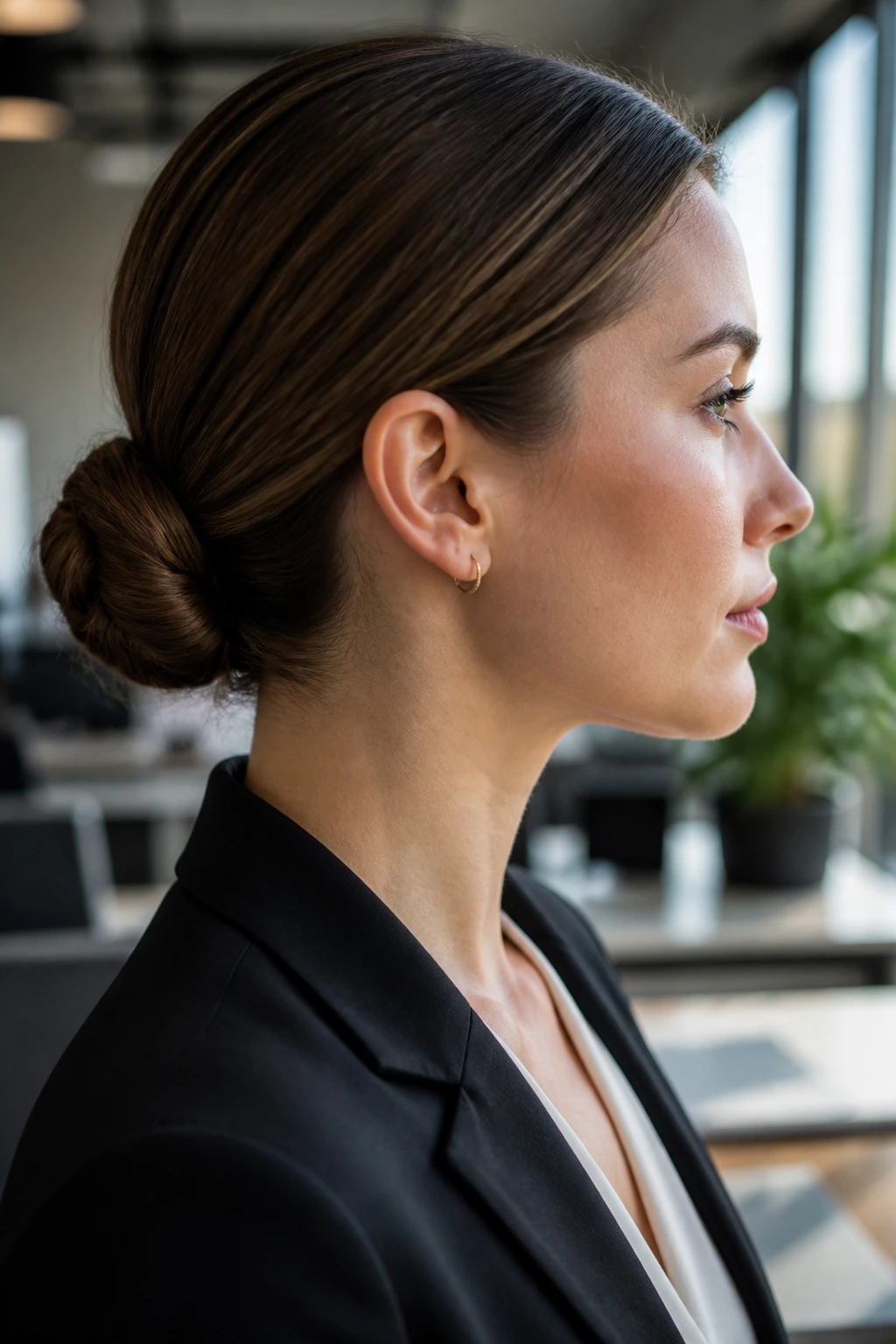 Close-up of a real woman wearing a sleek low chignon in an office setting