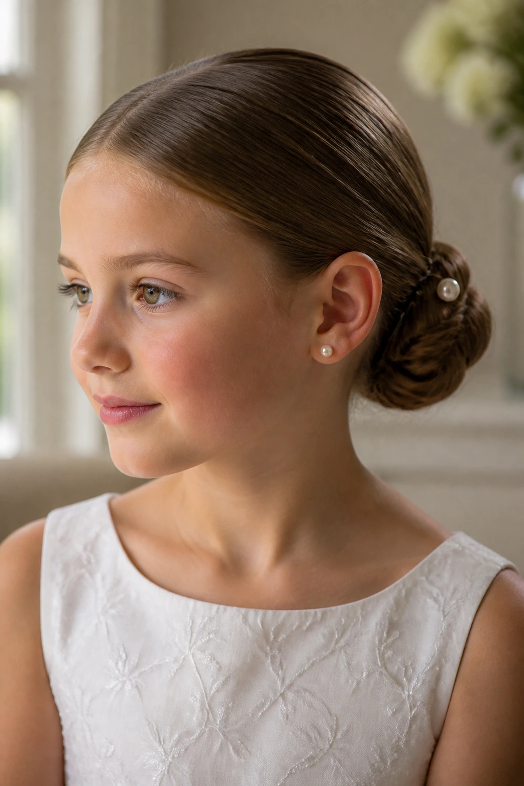 Close-up of a child with a sleek low chignon and a pearl pin
