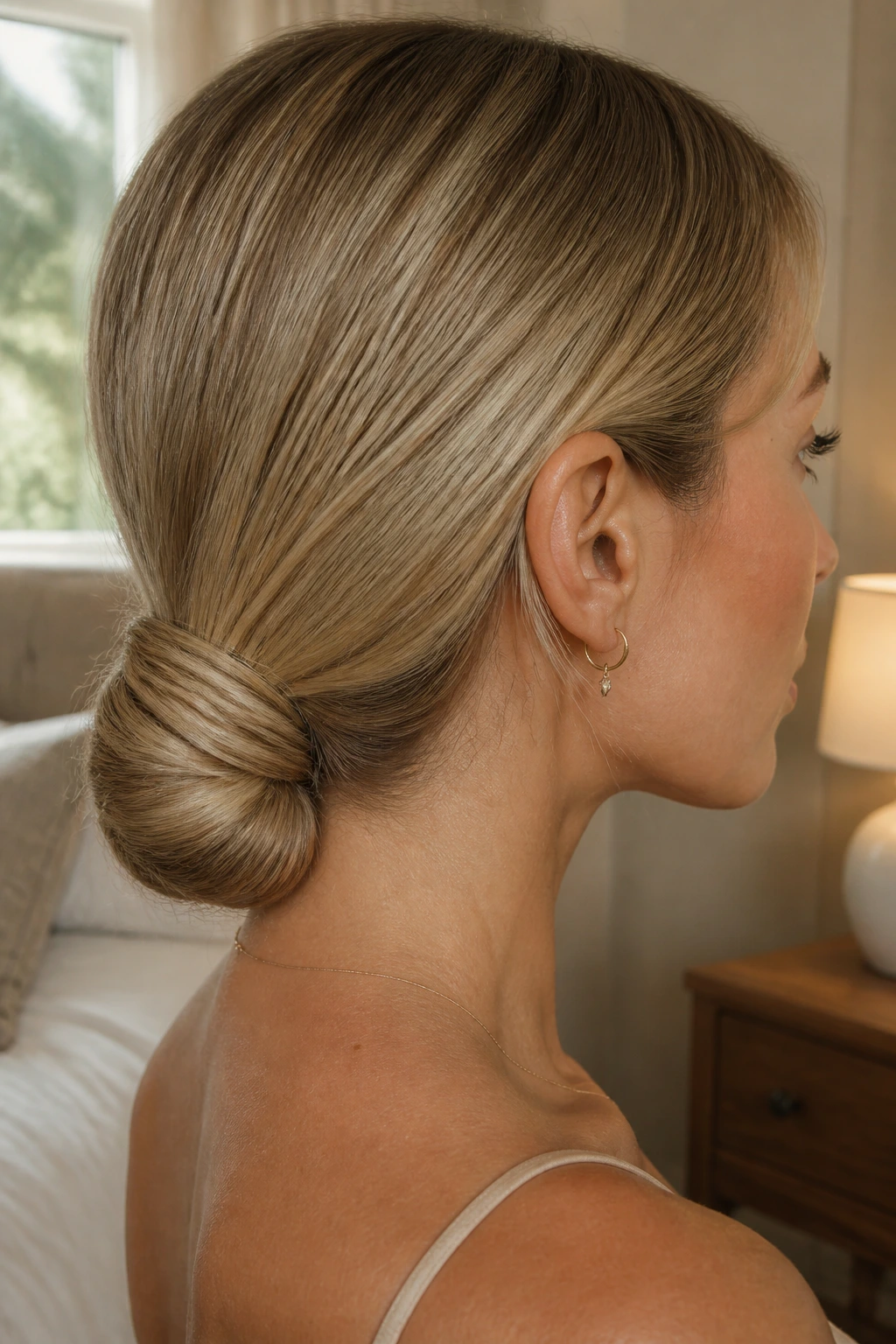 Close-up portrait of a real woman with a low chignon hairstyle at the nape