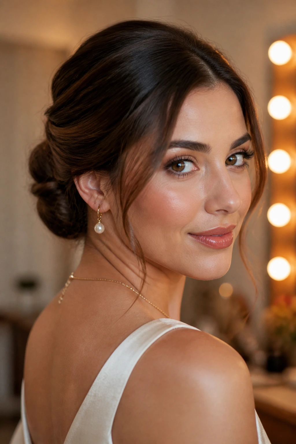 Portrait of a real woman wearing a polished low chignon in a dressing room