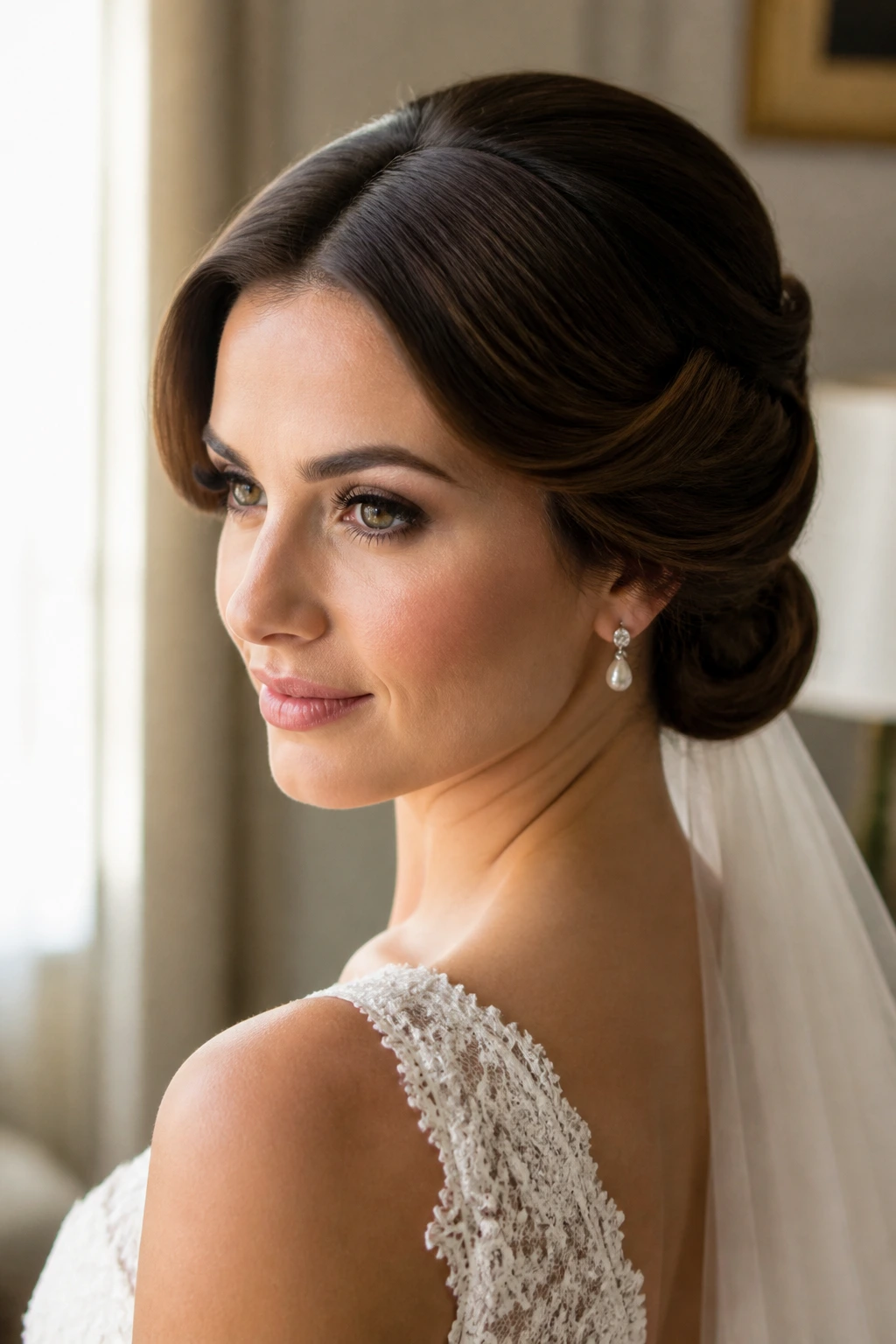 Bride with a low chignon and rolled sides, close-up portrait.