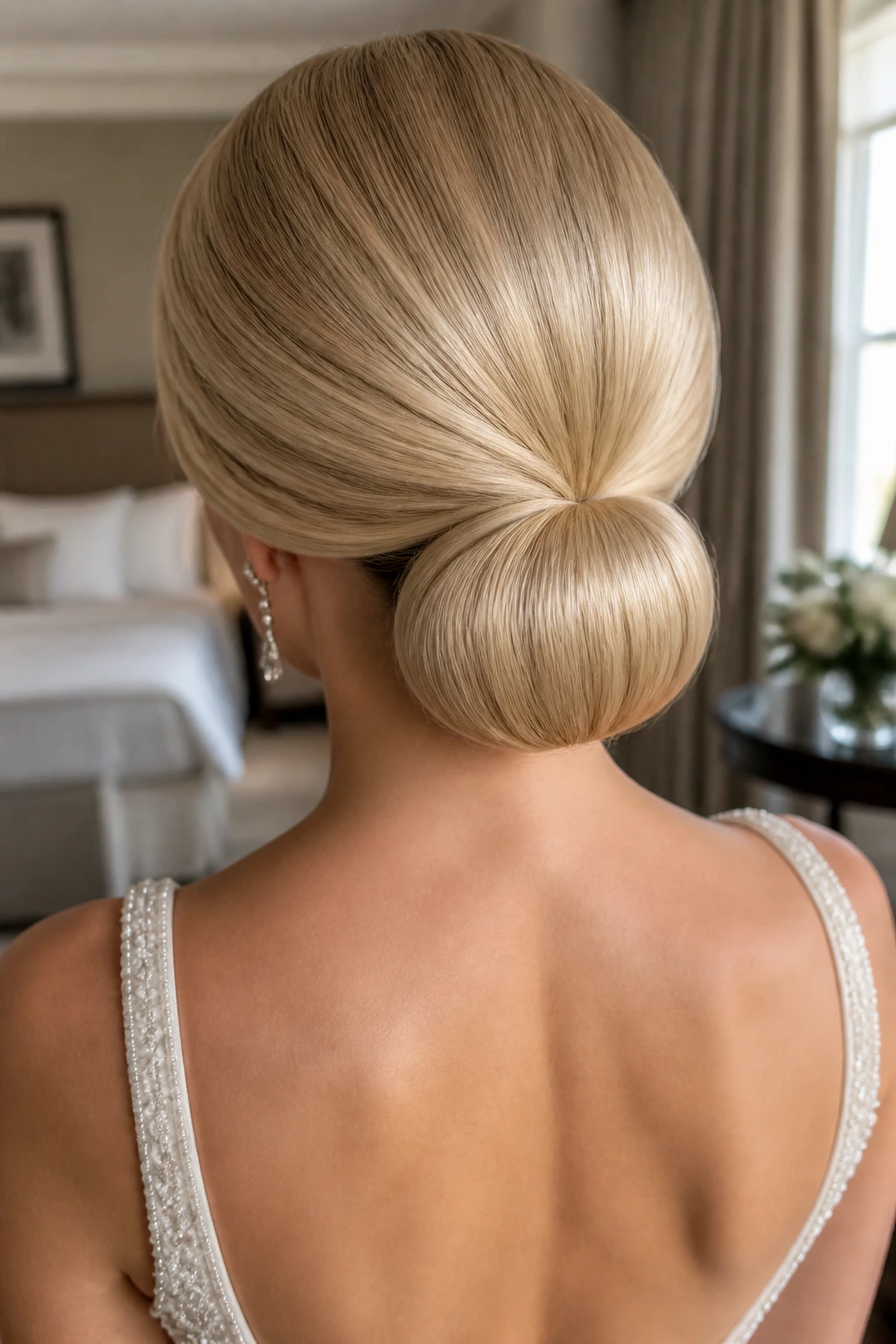Rear view of a real bride with a satin-polished low chignon at the nape.