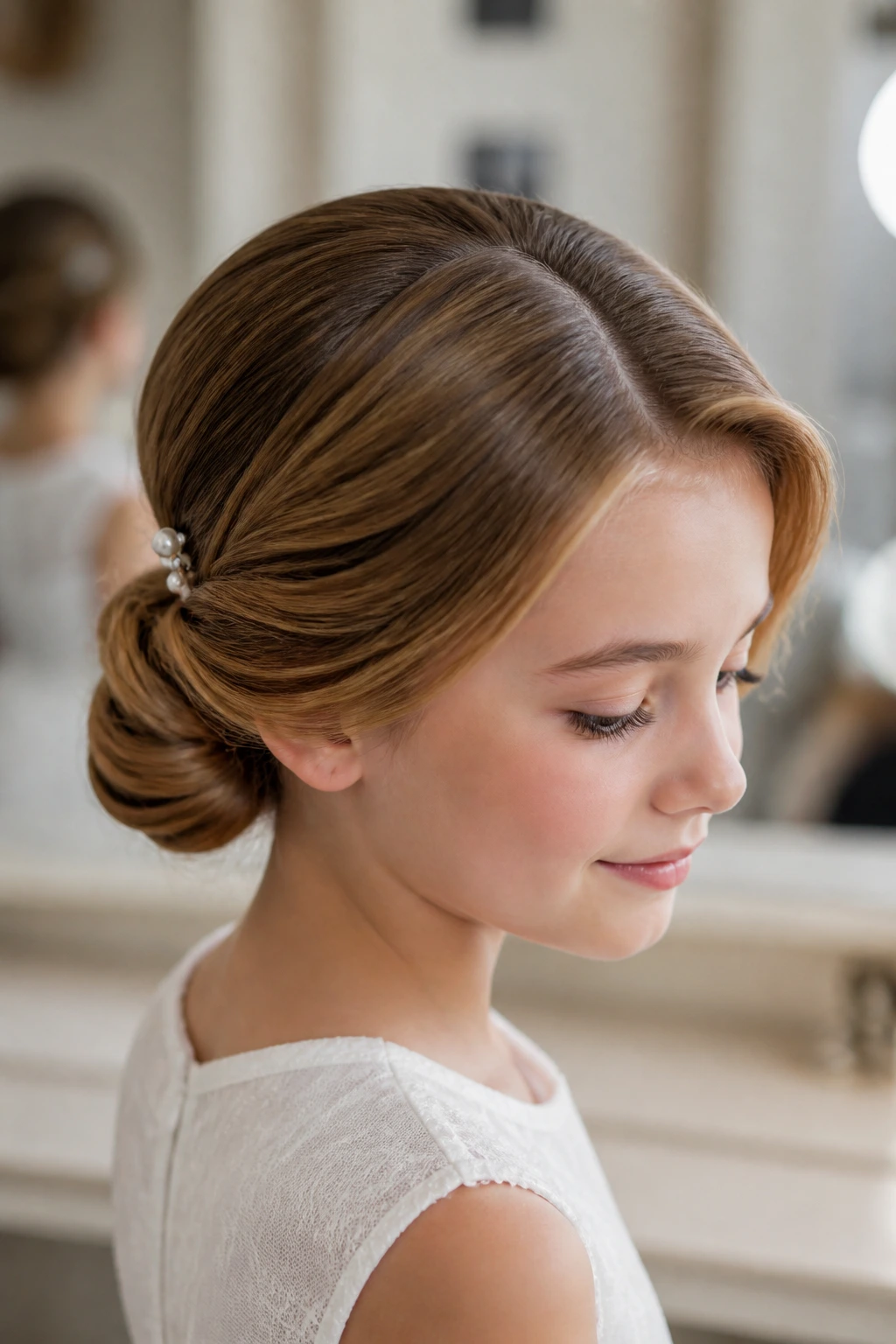Girl with a low chignon and side part portrait