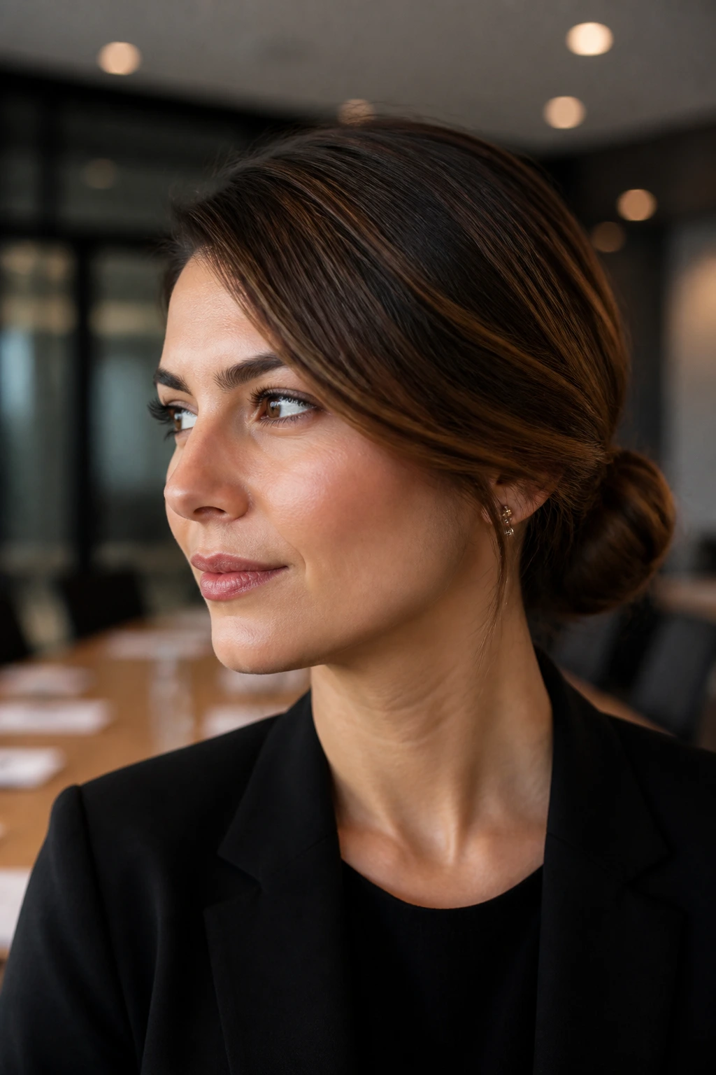 Close-up of a woman with a low chignon and side sweep in an office setting