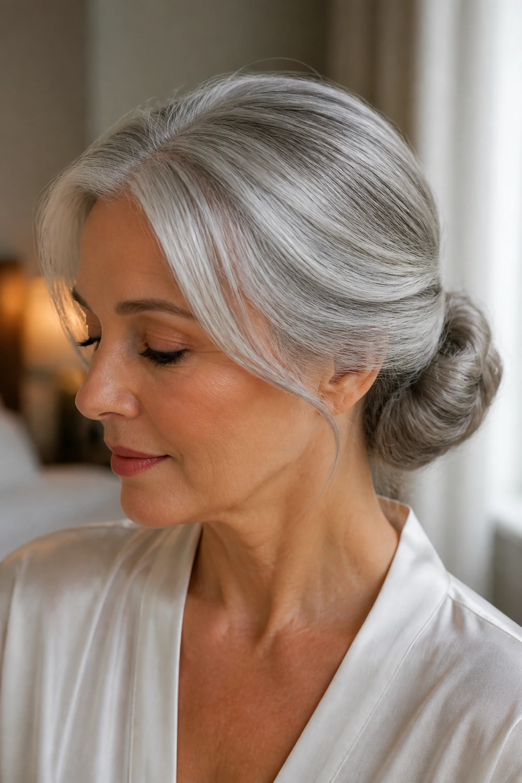 Close-up of a real woman with a low chignon and silver shine at the nape, hair neatly twisted and pinned.
