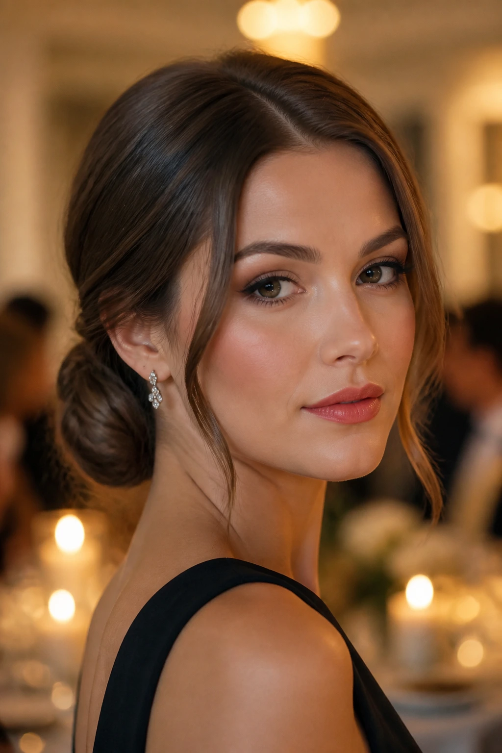Real woman with a low chignon and soft face-framing pieces.
