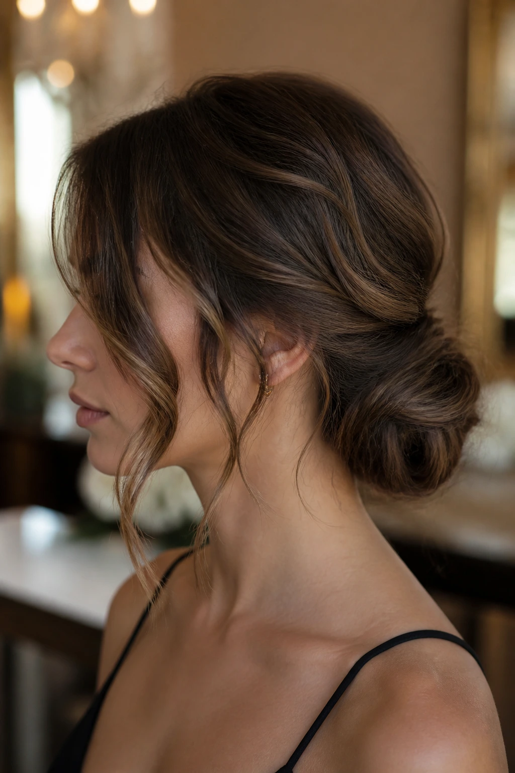 Profile of a real woman with a low chignon and soft wave pieces around her face