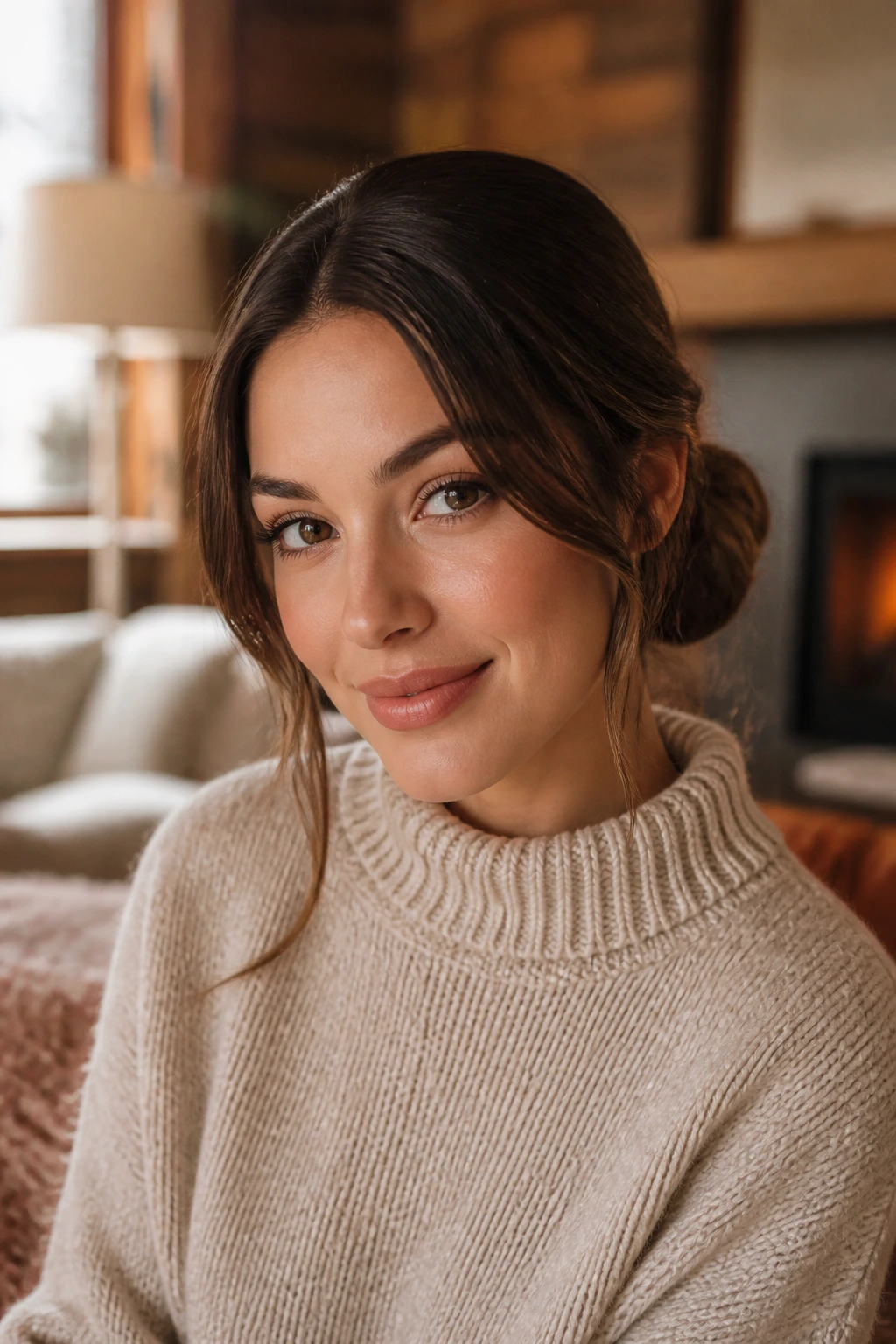 Portrait of a person with a polished low chignon under a sweater