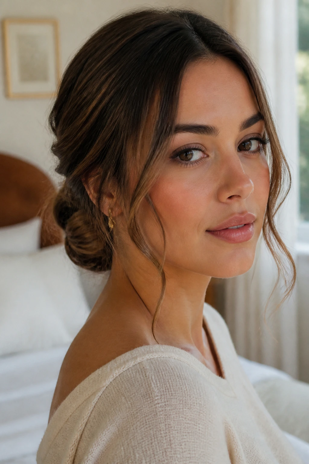 Close-up of a woman with a low chignon and loose tendrils in soft natural light