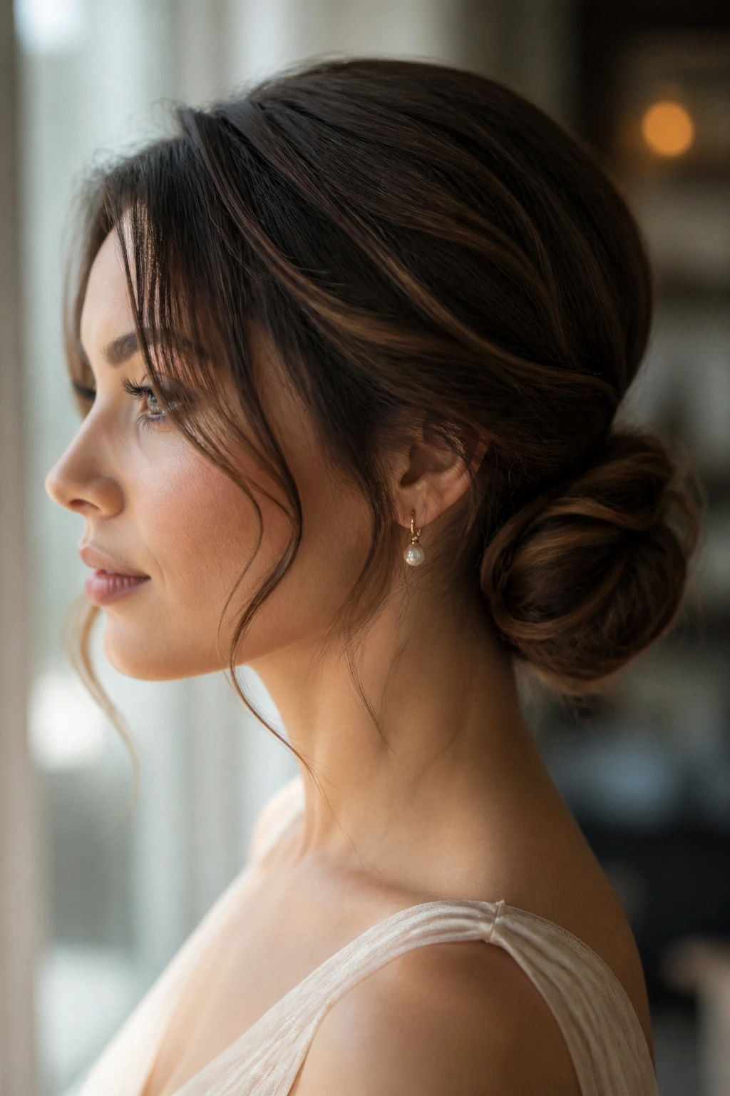 Real woman with a low chignon and face-framing tendrils under warm light
