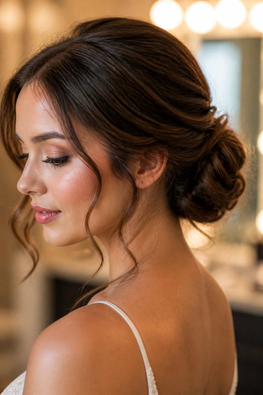 Close-up of low chignon with tendrils on a real woman prom hairstyle