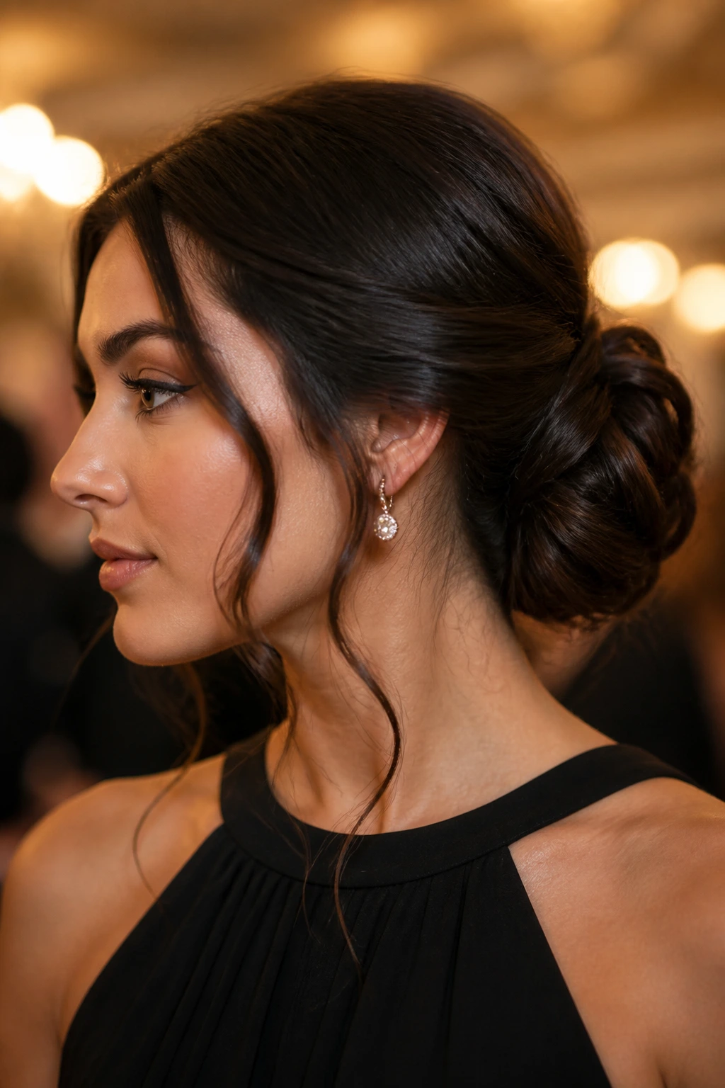 Close-up of a real woman wearing a low chignon with tendrils around her face.