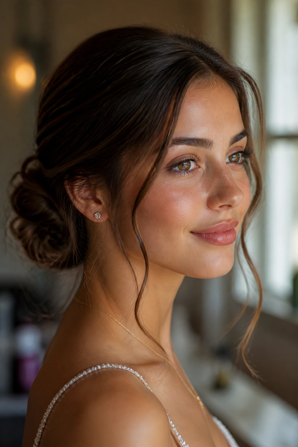 Close-up of a real woman with a low chignon and loose tendrils