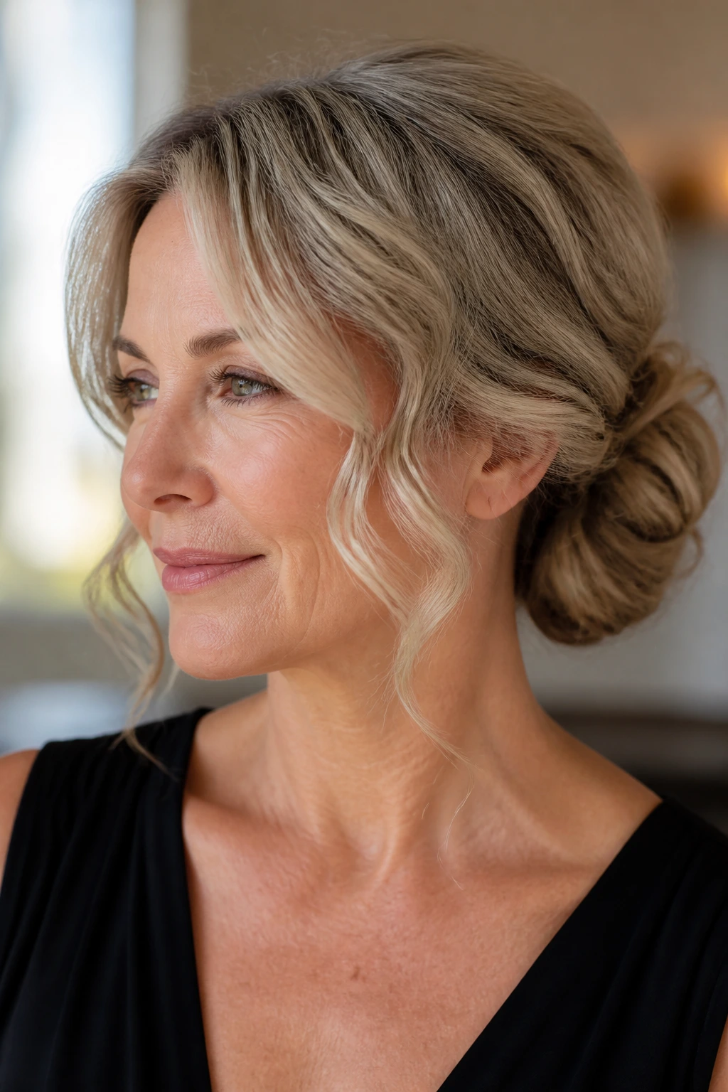 Real woman with a low chignon and face-framing tendrils