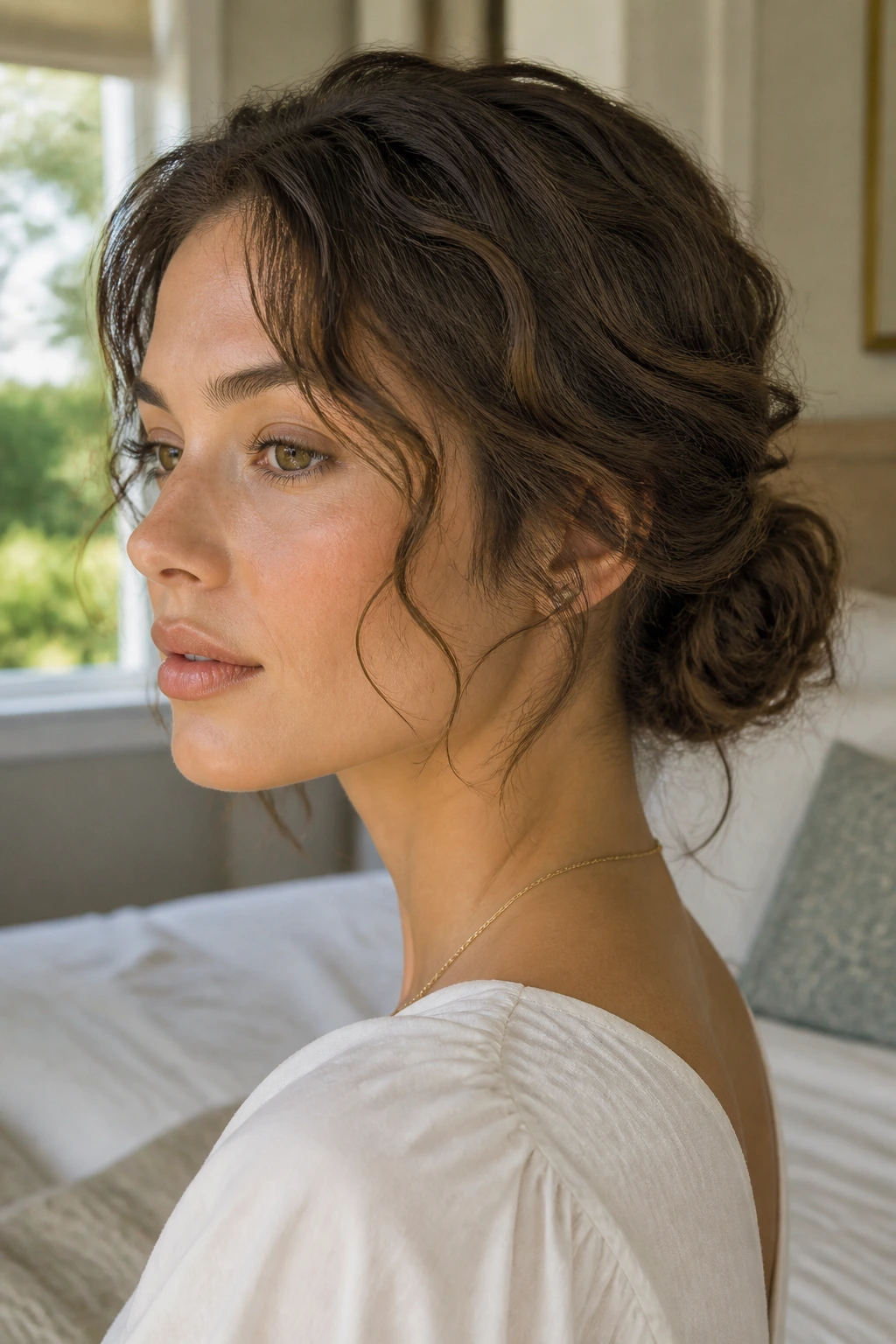 Close-up portrait of a real woman with a textured low chignon at the nape in a softly lit bedroom.