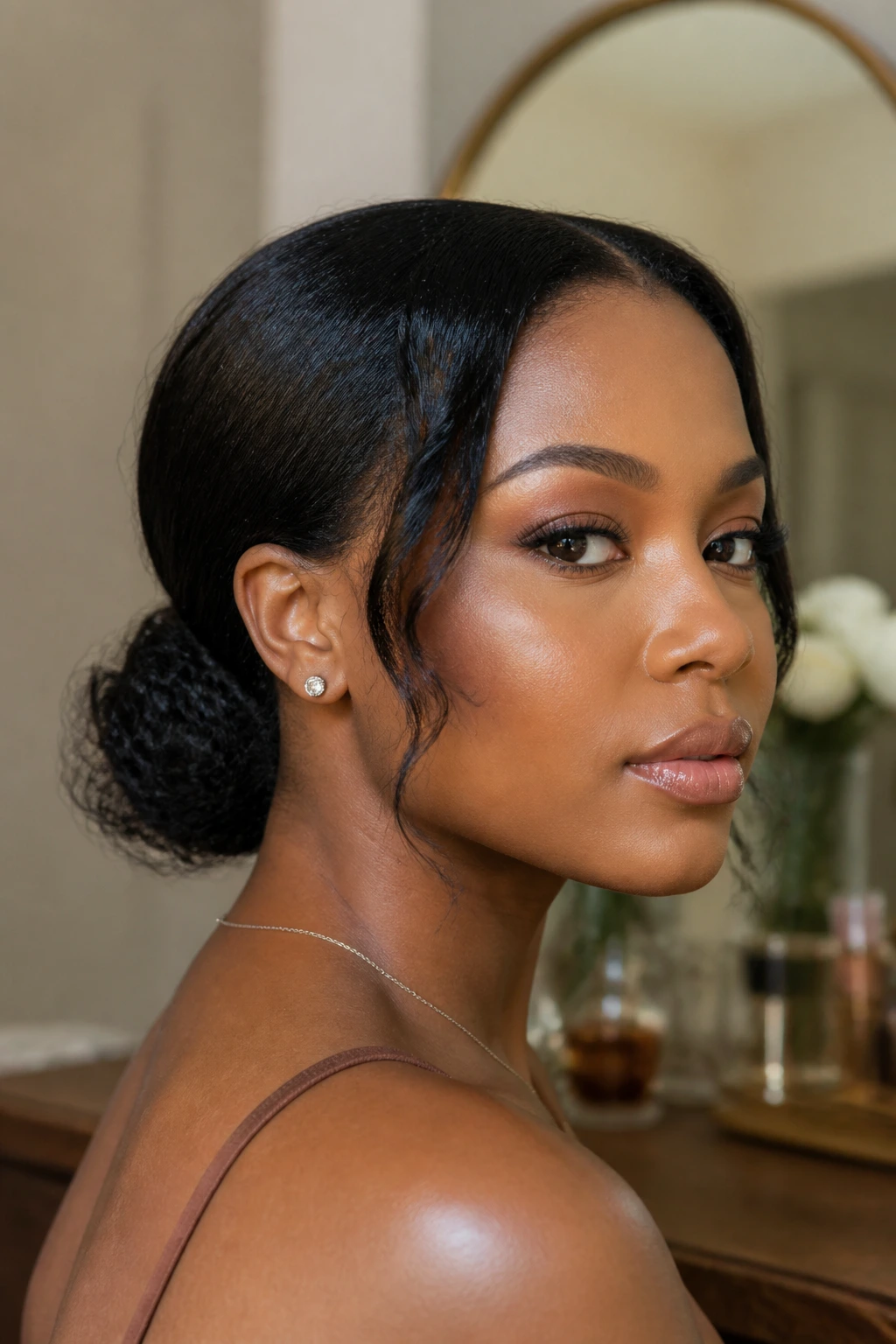 Low chignon with textured ends hairstyle on a real woman