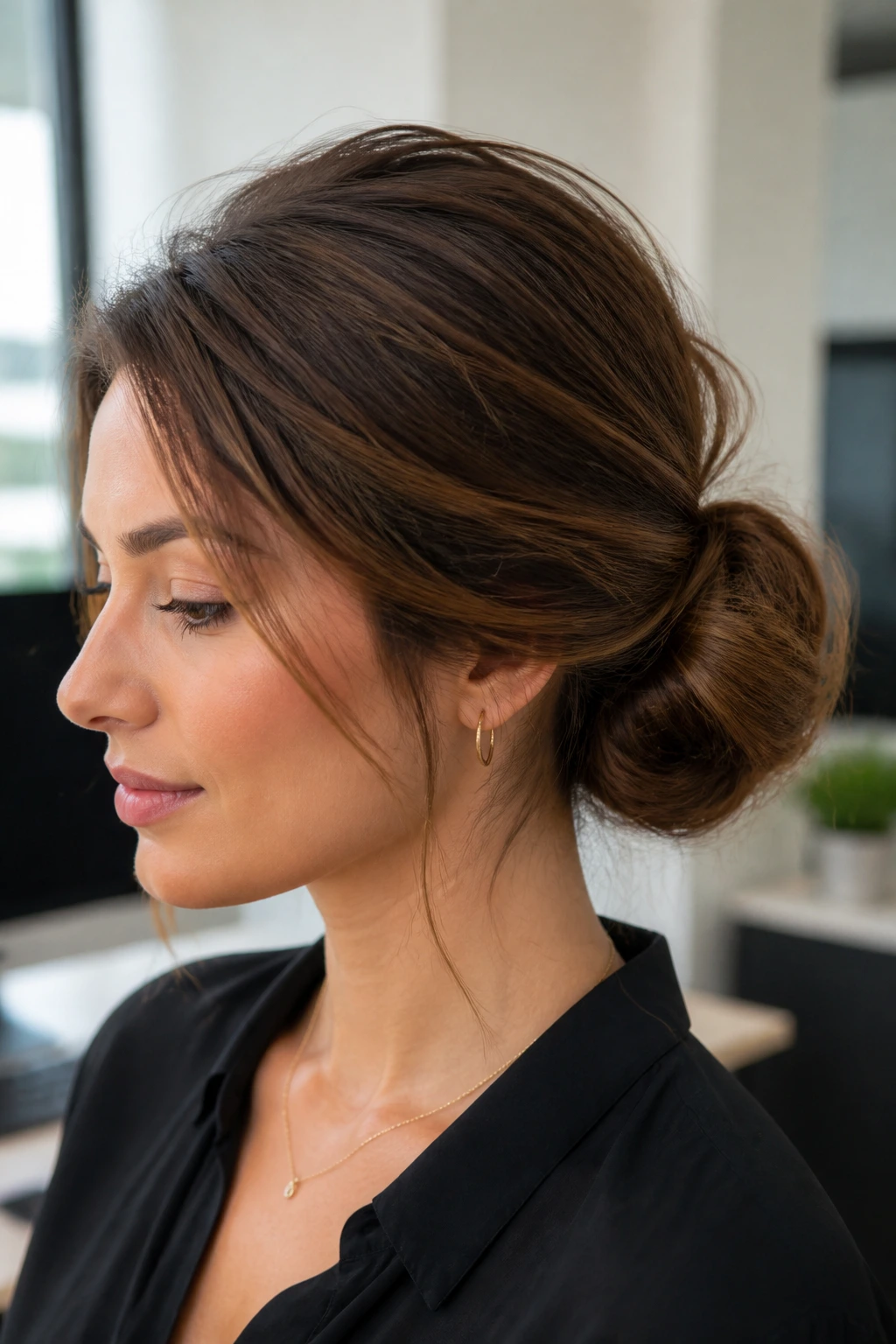 Close-up of a woman with a textured low chignon at the nape in an office setting.