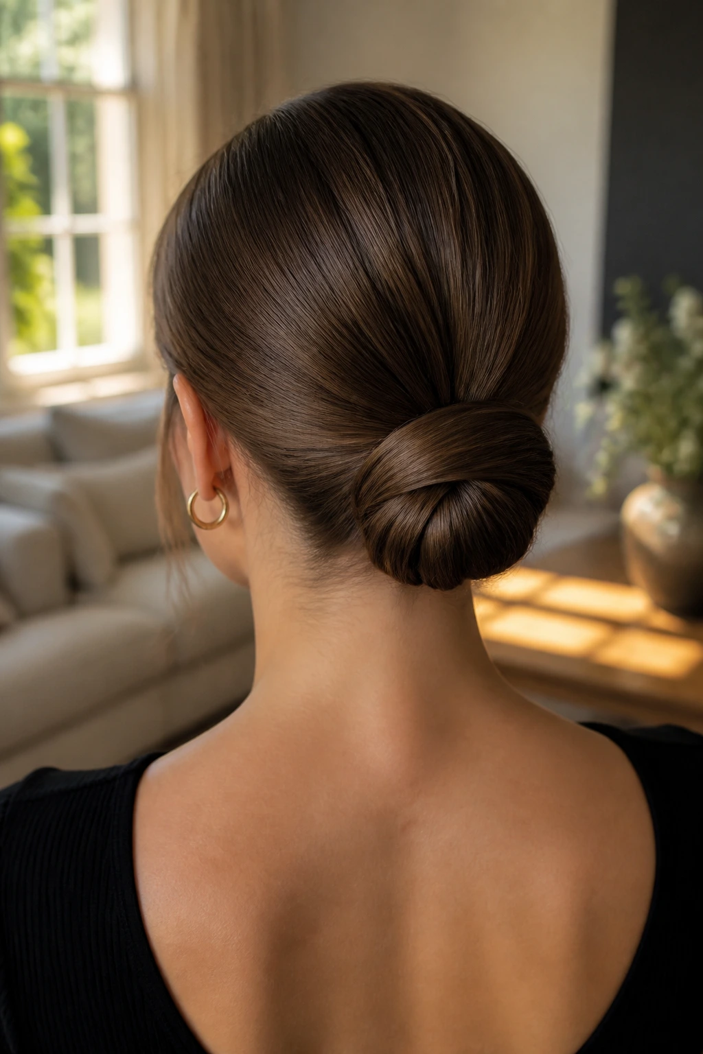 Rear view of a woman wearing a low chignon with tucked ends.