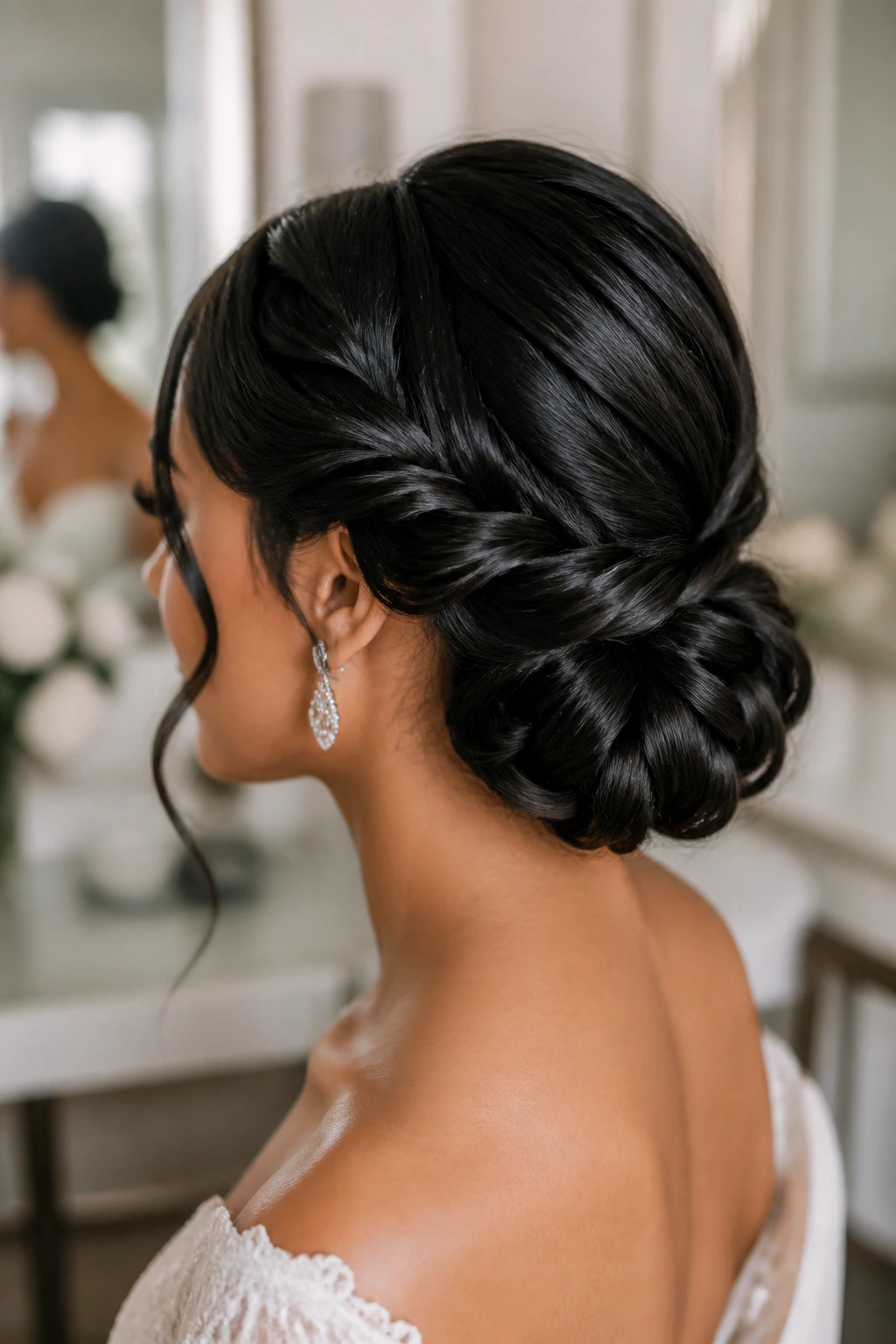Bride with veil-friendly low chignon and twist detail.