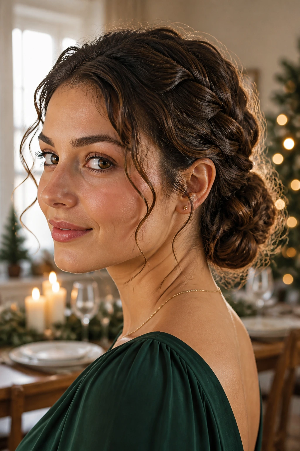 Real woman with twisted low chignon and face-framing tendrils in a warm dining nook.