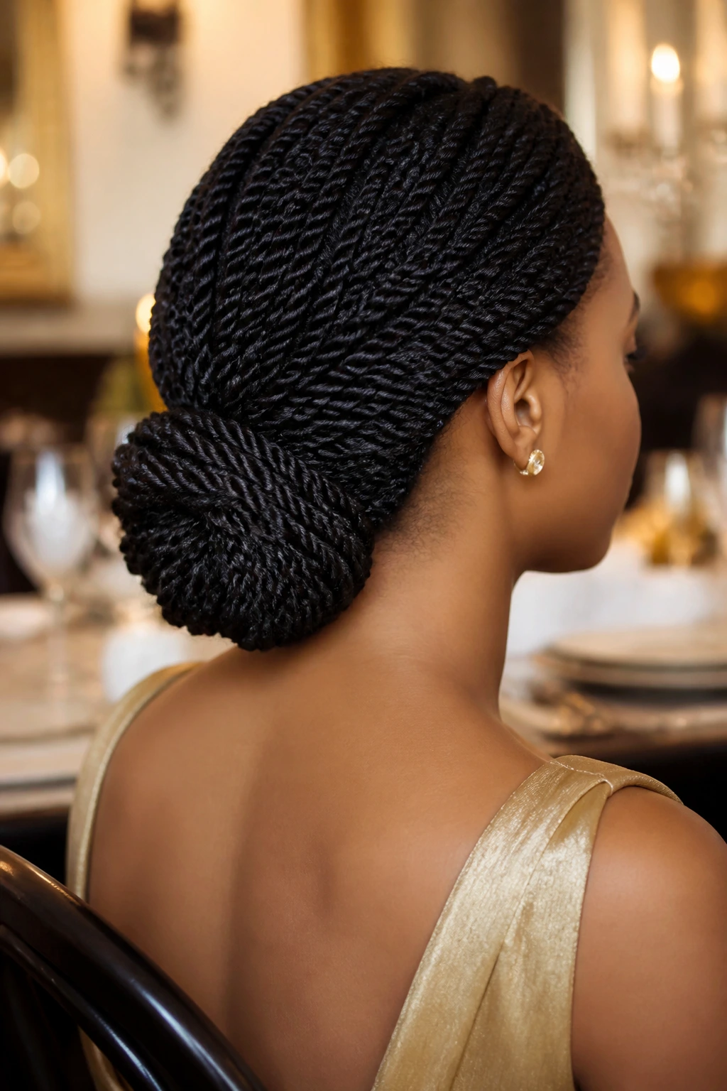 Close-up of a real woman with a low chignon of Senegalese twists at the nape