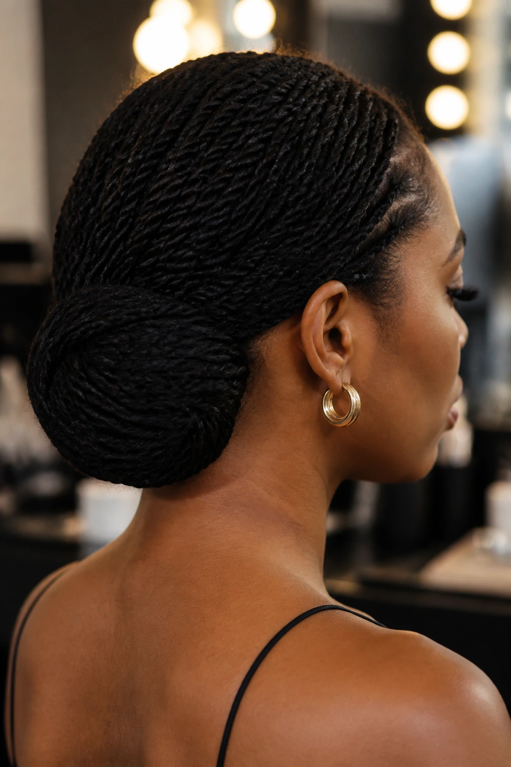 Back/side profile of a real woman wearing a sleek low chignon Senegalese twists