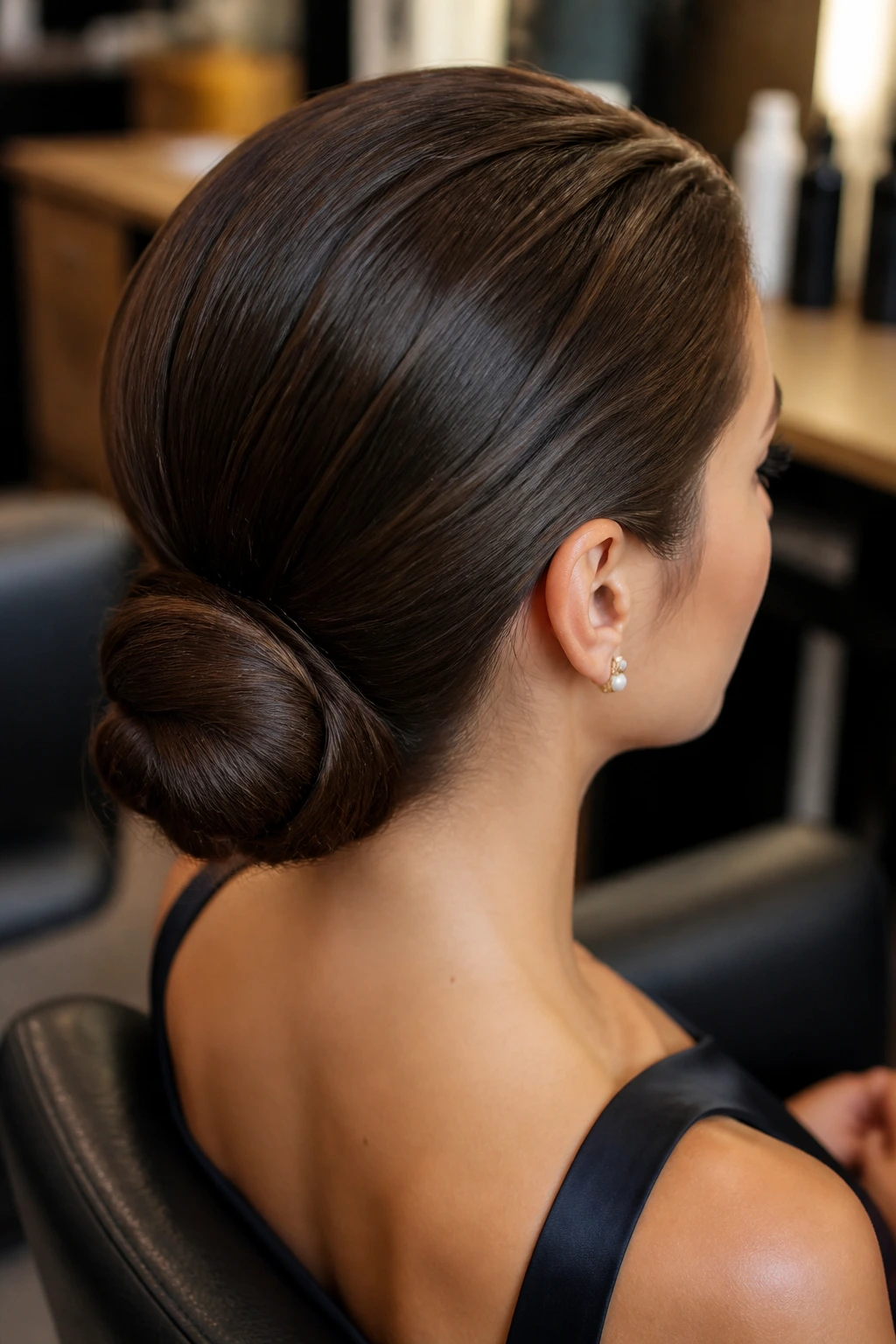 Real woman with a sleek low chignon at the nape in a warm salon setting