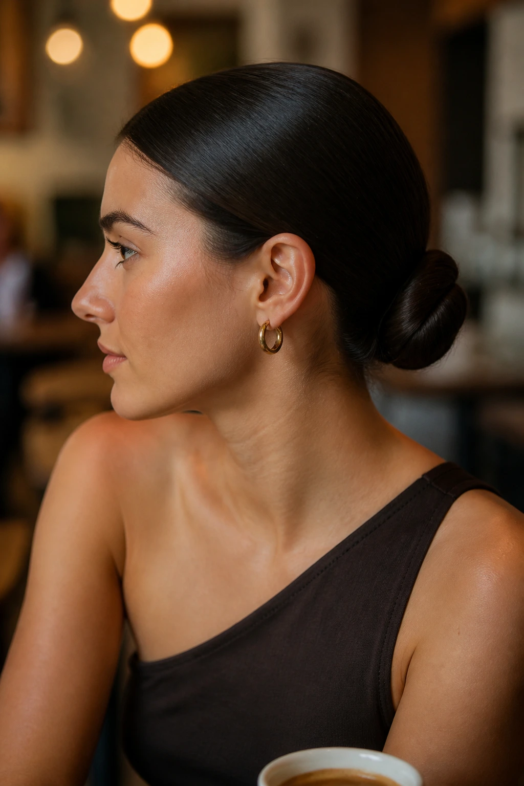 Close-up of a real woman wearing a sleek low chignon at the nape.