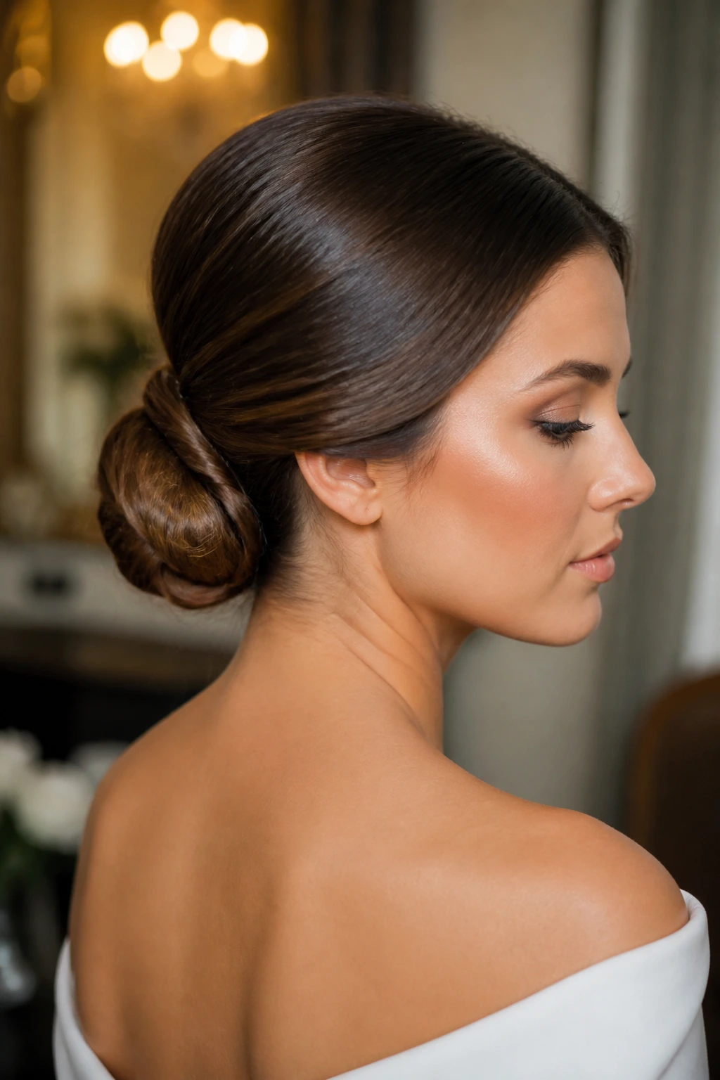 Bride with low chignon updo in elegant room