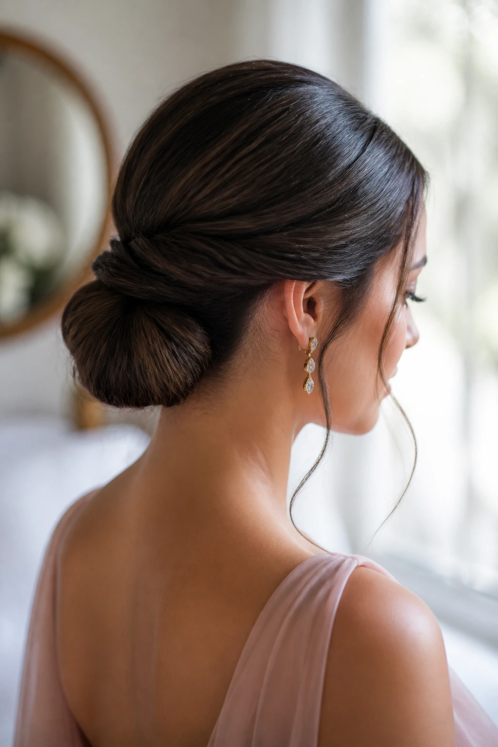Portrait of a woman with a sleek low chignon that holds its shape