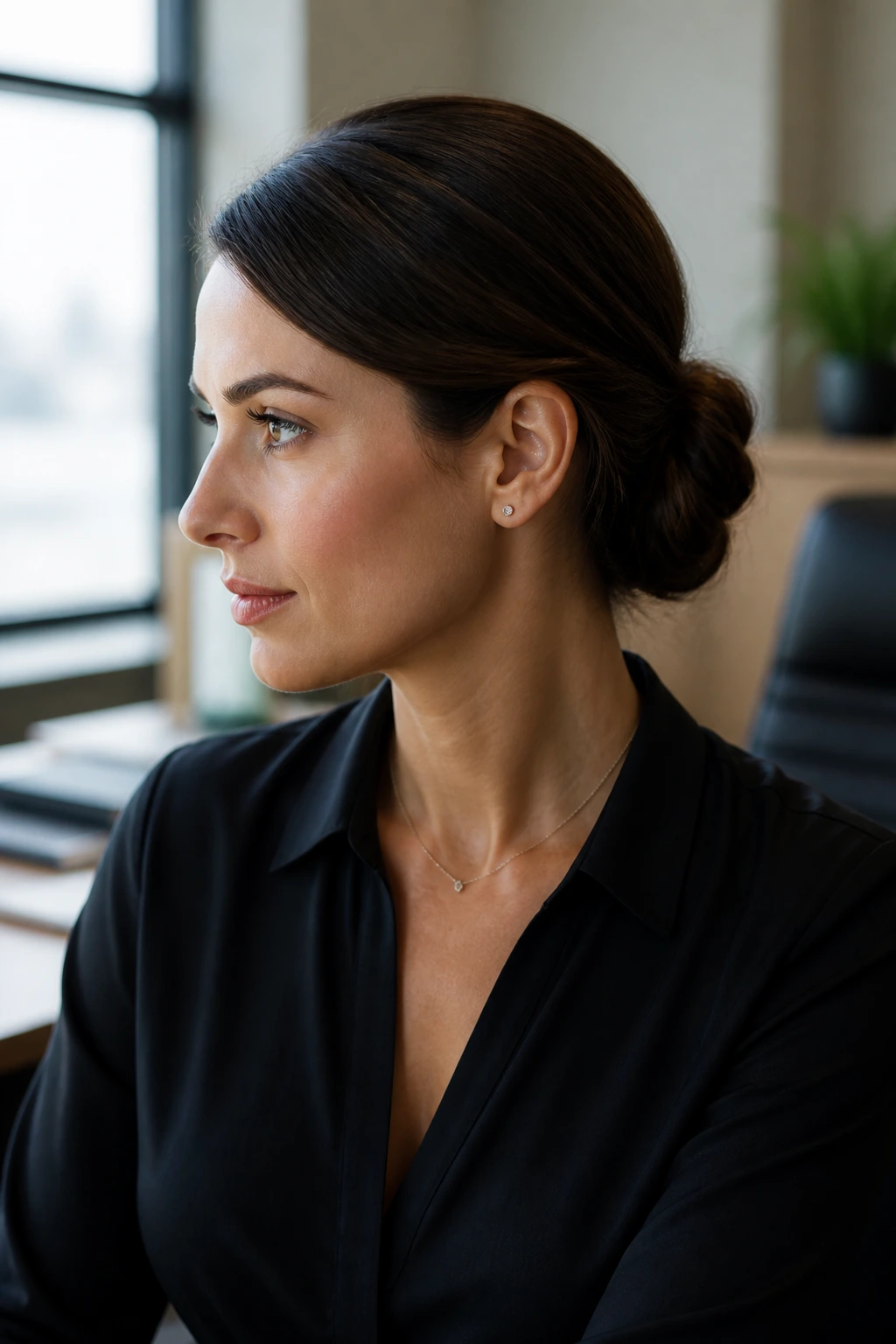 Close-up of a woman with a polished low chignon in an office-like setting