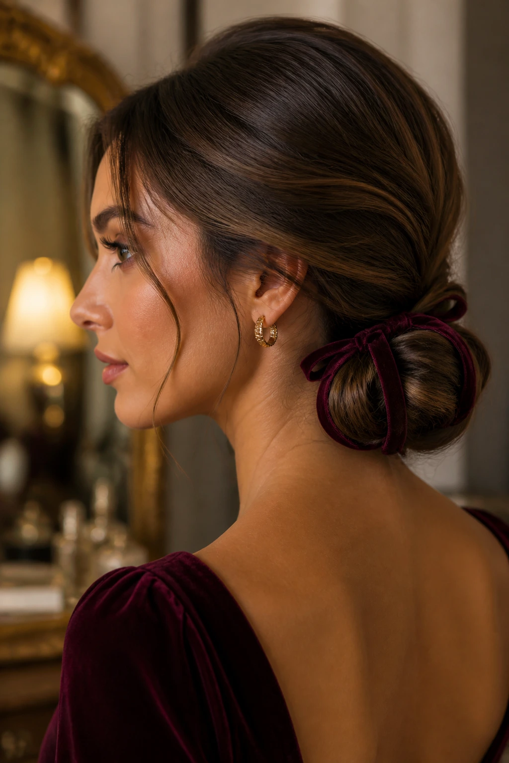 Close-up of a woman wearing a velvet ribbon low chignon at the nape