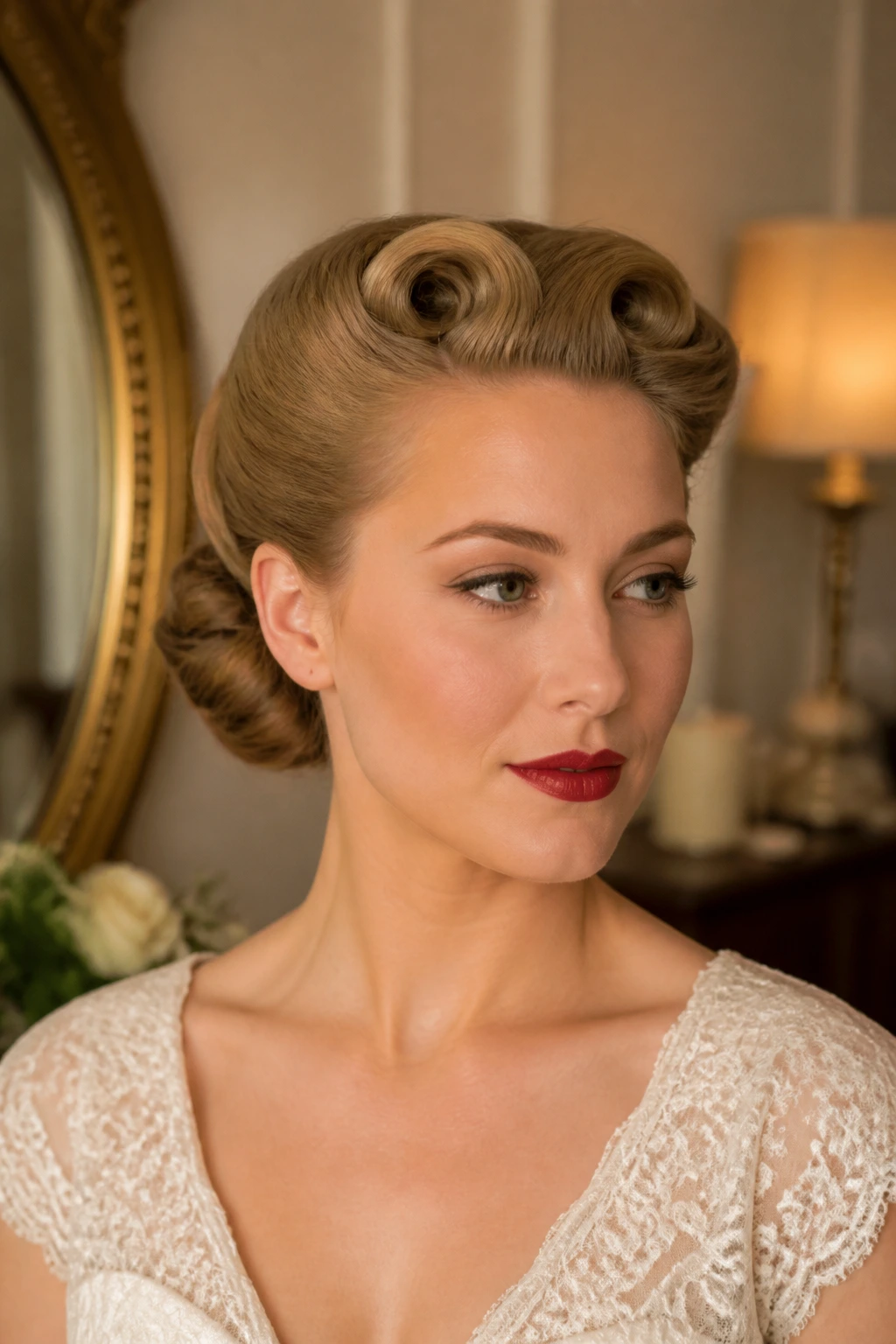 Bride with low chignon and side-swept victory rolls