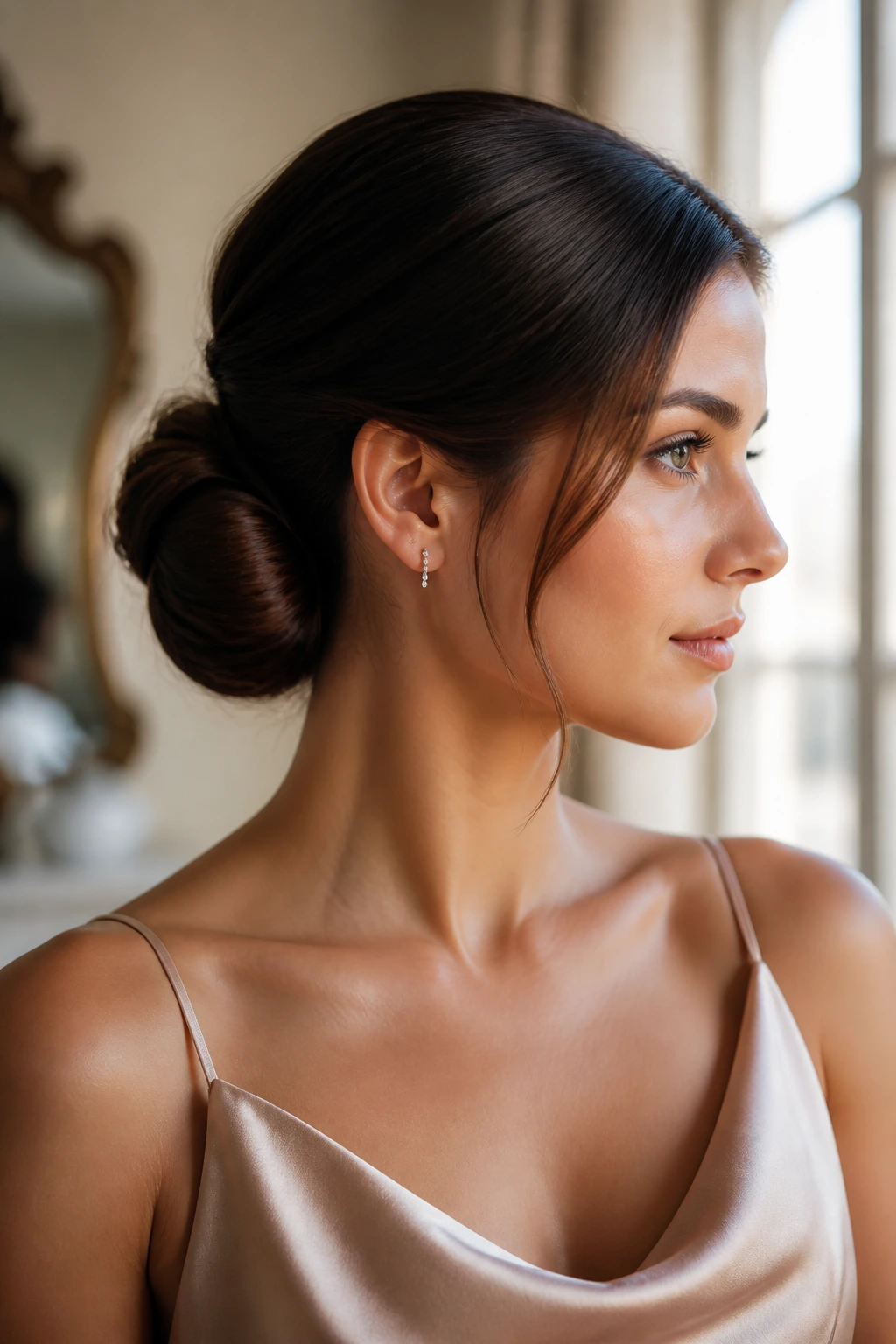 Bridesmaid with polished low chignon in bridal suite